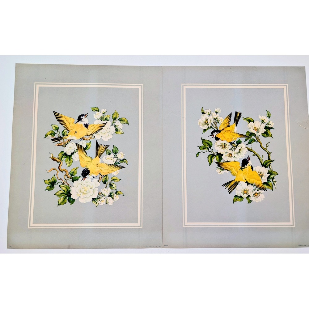 Vintage 1958 Yellow Bird Floral Lithograph Prints Set of 2